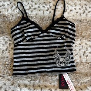 ROMWE Black and Gray Striped Lace Trim Crop Top NWT